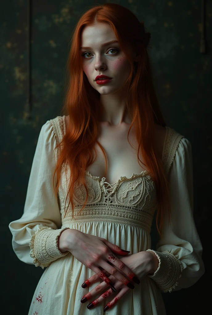 masterpiece, professional, (4k photo:1.1) by (Jeremy Lipking:0.3), (Dittmann Anna:0.3), (Arian Mark:0.3), (Sharp focus:1.3), horror, dark folk aesthetics, high detail, wearing (tight shirt:1.2), mysterious ethereal woman, beautiful detailed face but empty without expression, dramatic eye shadows, square face, defined jaw, small nose, medium dry lips, dark eyes, hazel sad eyes shaded, sadness and sorrow, long silky natural straight red hair, very pale- white skin, illuminated skin, tall, thin, rough hands with details of blood splashed on them and with visible veins and blood vessels, long, dirty nails, (attractive young woman:1.3), (seductive:1.1), (blushing:1.1), hourglass body shape, old flowy dress slightly dirty and worn (not sexy) traditional dress with long skirt and long sleeves, handmade, very detailed with some small tears and seams with knitted details, a white dress but a little yellowish and gray, realistic textures, nightmare atmosphere, cinematic, folk horror aesthetic, dramatic shot, dramatic pose, realistic shading, dramatic shadows, mystic folk aesthetics,