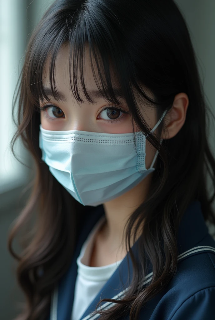 cute japanese girl with bang hair putting on surgical mask for you, she's also wearing a surgical mask on her face