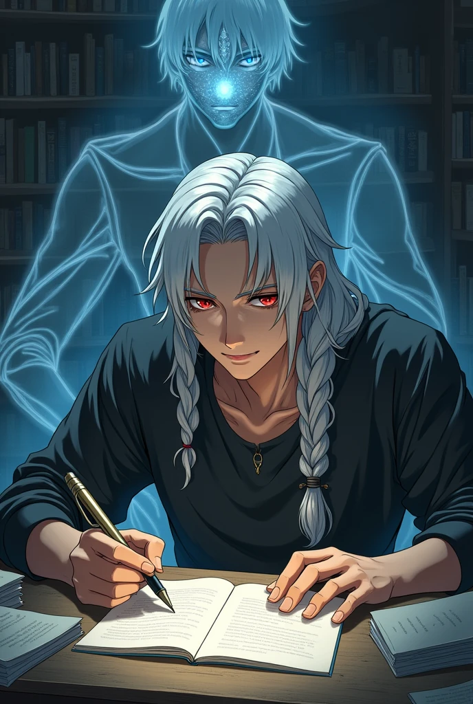 A man sitting on a chair reading a book.