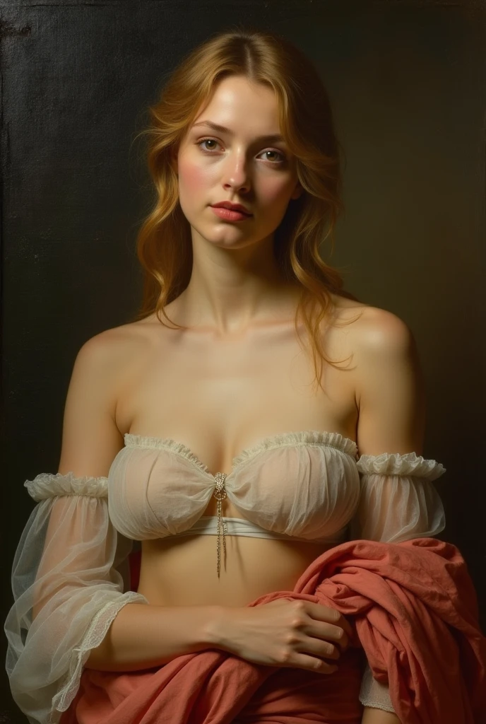  a painting in the style of Raphael, A beautiful Caucasian woman ,Wearing transparent clothes,Big breasts.