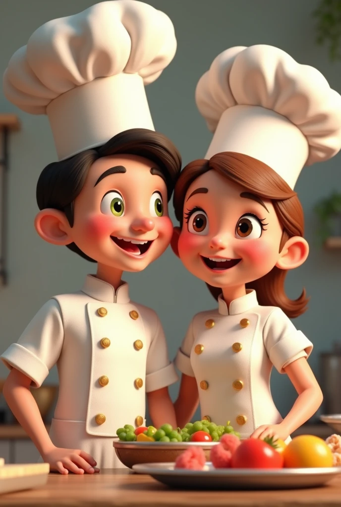 Genrate a image of 2 children 1 boy and 1 girl both wearing chef clothes with beautiful background of modern kitchen 