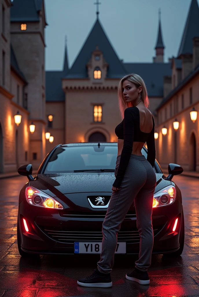 Peugeot 508 de 2010 noir (plaque d’immatriculation CZ-404-ZY) garé a côté d’une station essence avec une fille en bikini dessus
