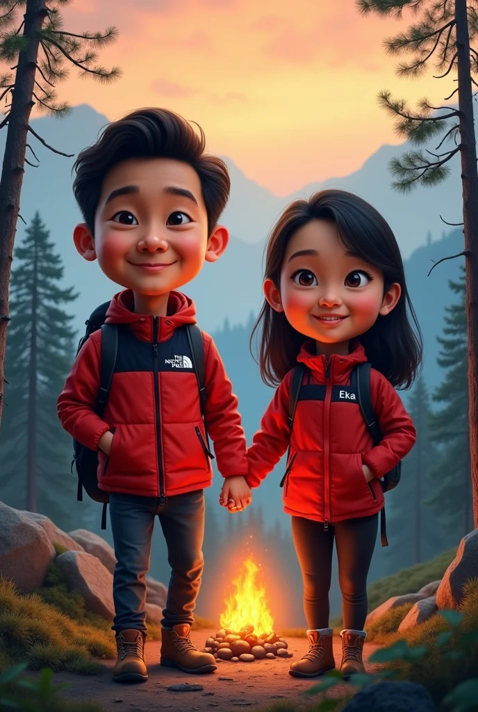 realistic caricature of an indonesian family consist of a father 35 years-old, a mother 30 years-old and a son . Big head with  proportion caricature style, they were hiking in a foggy pine forrest with rocky mountain background, wearing red the north face jacket puffer, soft smile, fog, bonfire, dome tent, hammock, orange skies, high detail, high resolution, sharp, textured skin,evening