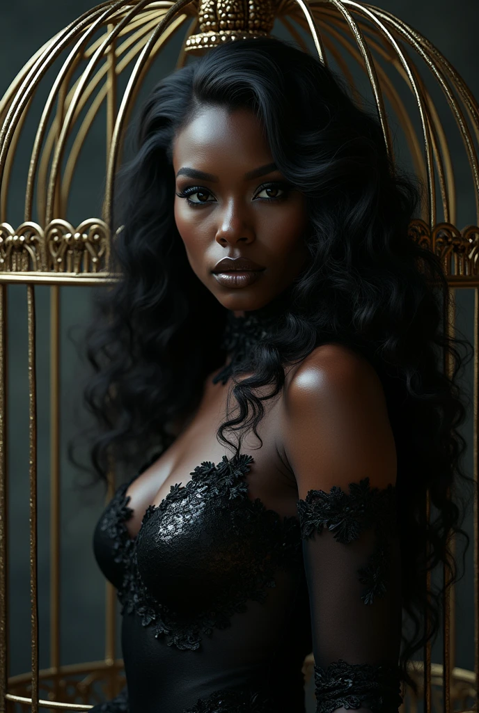 (best quality,4k,8k,highres,masterpiece:1.2),ultra-detailed,(realistic,photorealistic,photo-realistic:1.37),gorgeous black woman, seductive gaze, elegant posture, gothic background, sensual beauty, glamorous fashion, elegant gown, dark colors, moody lighting, full body pose