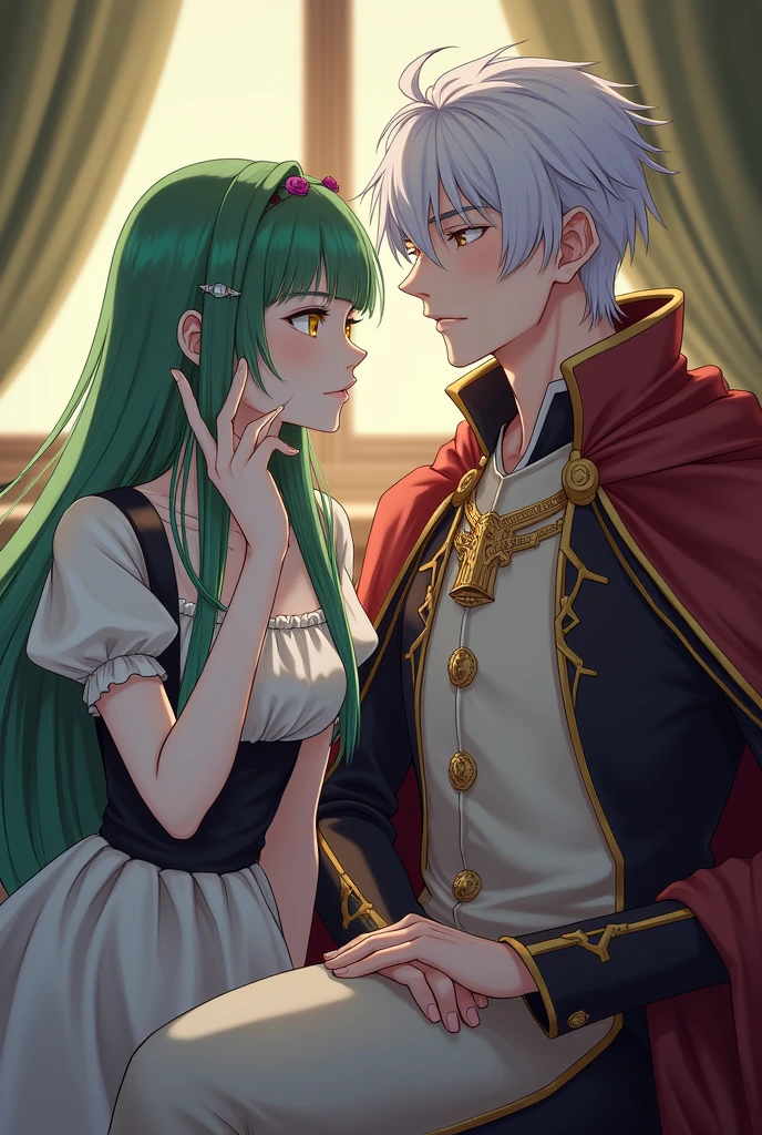 (((obra maestra del anime))), (((anime bien realizado))), romantic couple master man and maid, mujer foxy adulta con el pelo largo gris y ojos rojos brillantes, piel palida, sonriente, hombre adulto, pelo corto negro rojizo, ojos radiantes de color verde saturado, piel palida, avergonzado 😳, muy cerca entre el y ella,