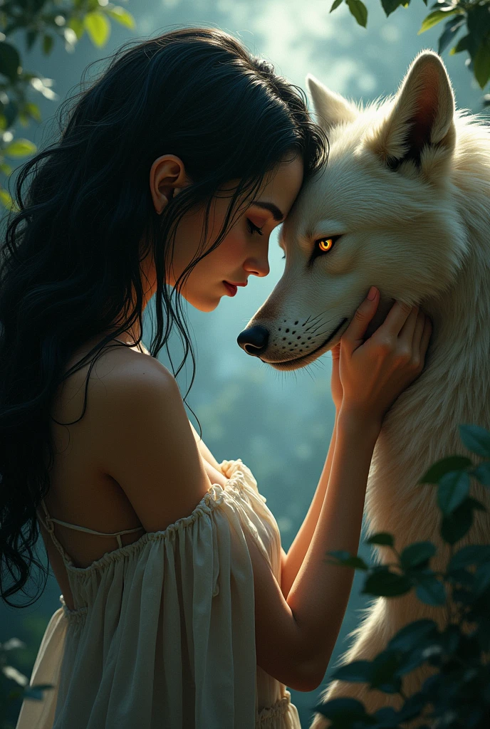  Create a vampire woman with golden eyes ,  long black hair and sun-tanned skin, The largest is .  And a werewolf with wooded eyes ,  white short hair ,  of fair skin that is small . 
 It is a romantic ,  anxiety-inducing mood 