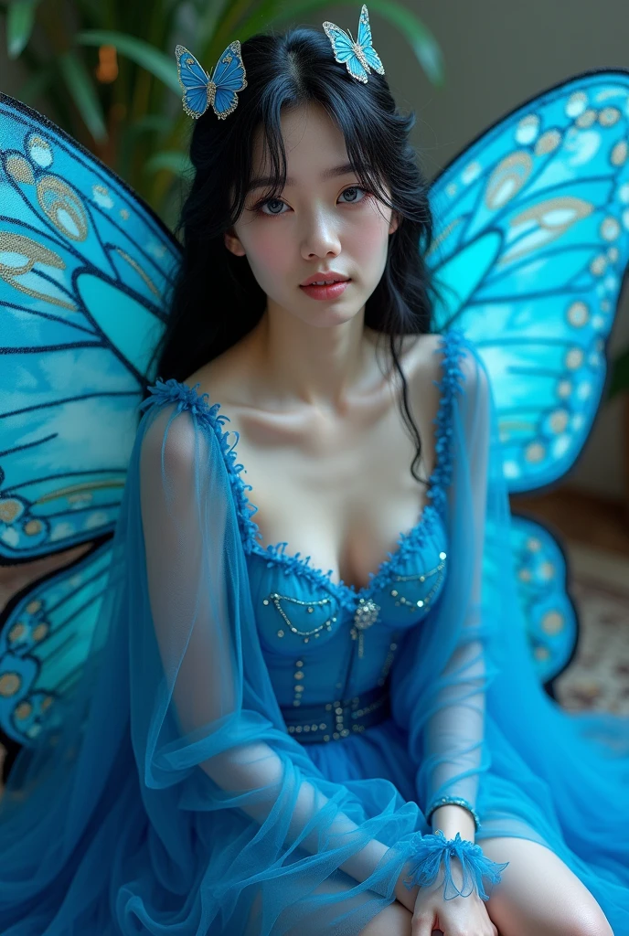 ((Large breasts)),Bare shoulders, short hemlines, 4k ultra hd, masterpiece, a girl, good face, detailed eyes, detailed lips, flower fairy girl, sitting, Random scenes, random shooting angles, elegant poses