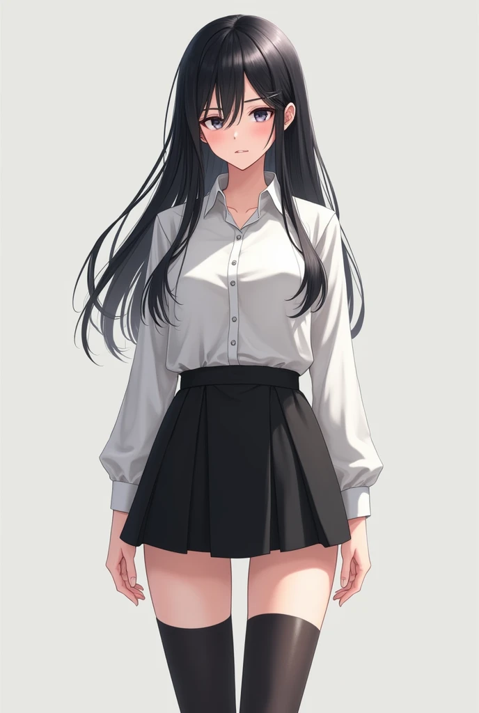 <lora:bea-v4-04:1>, b3a, 1girl, [white:10] shirt, bra, bare arms, (no eyes), black long hair, mini skirt, standing,