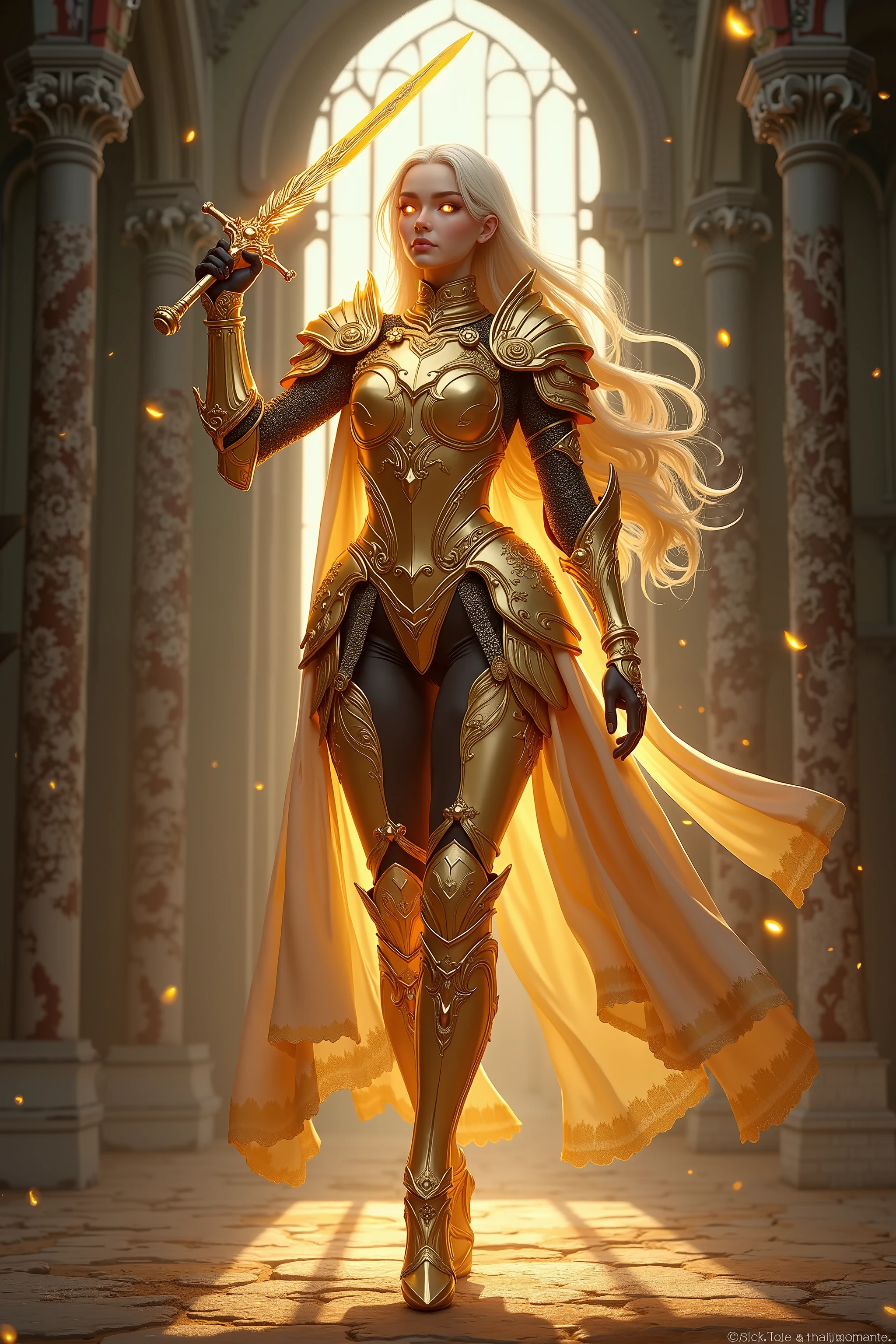 A close up of a woman in a golden outfit holding a sword - SeaArt AI