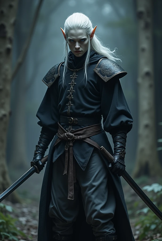 Young male elf, with white hair, uses a sword in his hand, his clothes are black in the style of an assassin