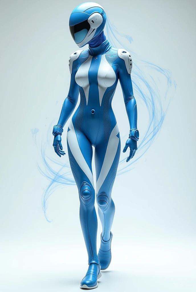 bald person, female light blue high tech neoprene surfing bodysuit, the bald woman wears blue gloves and blue boots with golden stripes, the background is a futurist high technological city with skyscrapers in a metaverse, detailed image, 4 k, cinematic style