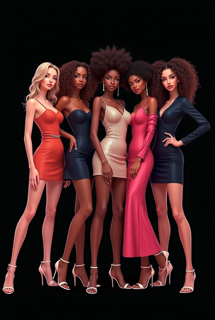 Three women are in the spotlight, similar in appearance to the photos you provided. They are at a party with a predominantly black and red background., with subtle lighting to highlight the sophisticated nocturnal atmosphere. Ao fundo, there are other people visible, but blurred, to keep the main focus on the three women. 1. The first woman, with dark skin and braided hair that falls to the side, wears a stylish top and a high-waisted skirt, in dark tones. 2. The second woman, with fair skin and curly blonde hair, wears a red dress with a black jacket 3. The third woman, with olive skin and straight, dark brown hair, wears a black corset, combined with a long skirt or pants that brings a touch of elegance. They all have dark brown eyes, long hair and a delicate face, Soft, all three are 20 year olds. The scenery in the background suggests a sophisticated party, with diffused lights and an elegant atmosphere, where red and black tones predominate in the decoration. drawning