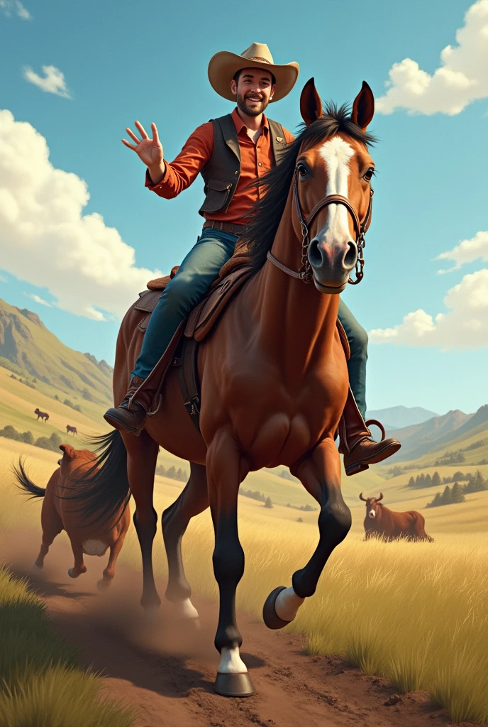 create a cartoon image where a muscular Korean man is wearing a shirt rolled up to the elbow, jeans escuros, black cowboy boots and hat, he is riding on a black haired woman and a red haired woman, with long, wavy hair is sitting behind him, wearing a pair of jeans, corpete e botas country. on a farm, Through Trees, where sunlight filtered through trees creates shadows on the ground. realisitic