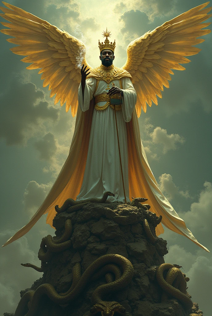 Man prostrated towards a Great warrior man angel in shining white clothing, golden crown on his head, fire Eyes, bronze arms, golden transparent glass floor, Next to the angel a thick gold menorah candelabrum 2 meters high with 7 arms, the candelabrum 3 on each side and one in the middle