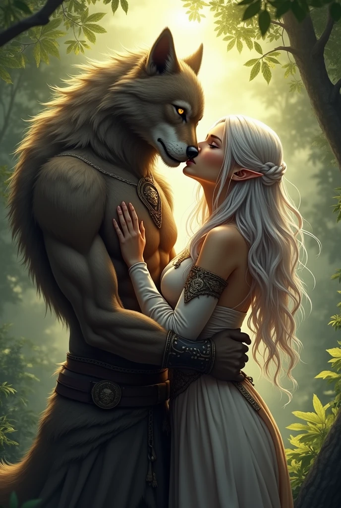 Nsfw, Young tantric priestess with tattoos and percings next to a wolf on an ultra-detailed photorealistic mountain - werewolf has a penis in erection, she is staring at his penis, she his holding his penis