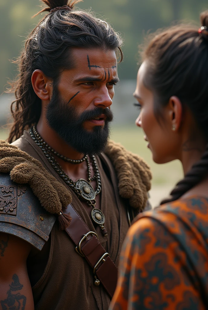 (masterpiece, 8K, UHD, realistic style, Greg Rutkowski:1.3), stunning warrior princess Khutulun, (traditional Mongolian warrior attire:1.2), wrestling, determined expression, against mighty Mongolian warrior, rugged steppe landscape, spectators in traditional attire, battle-scarred yurt, (dramatic sky:1.2), dust swirling, vibrant colors, extreme close-up, side view, capturing the clash.