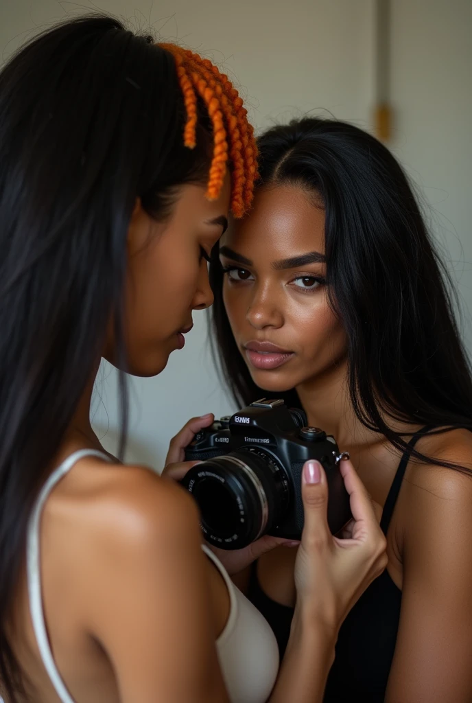 detailed beautiful young woman, dark ebony skin, stunning, realistic, photographing herself with a high-quality DSLR camera, product photography, sensual, semi-nude, studio lighting, 8k, photorealistic, hyperdetailed, cinematic composition, dramatic lighting, vivid colors, flawless skin, elegant pose, graceful movement, captivating expression, portrait, chiaroscuro, dramatic shadows