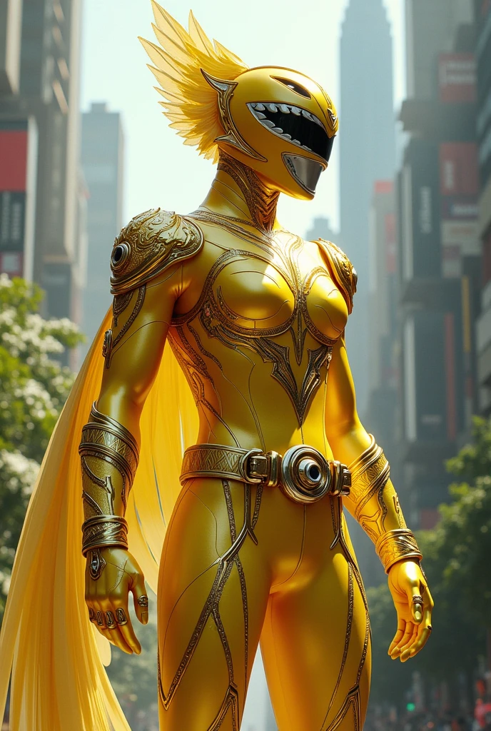 Yellow Owl female Power Ranger, with helmet,no hair to be seen when using the helmet, full face cover, full body suit scale