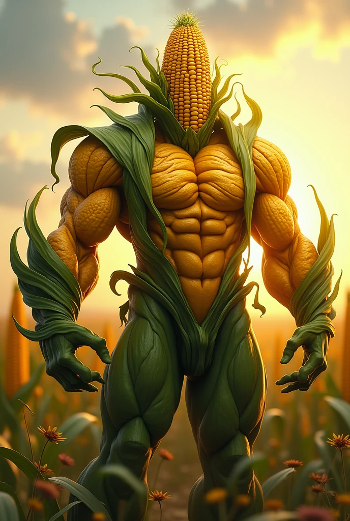 A muscular man in a corn costume, superhero, photorealistic, extremely detailed, detailed facial features, high quality, digital art, intricate details, striking pose, heroic expression, dramatic lighting, cinematic composition, vivid colors, dramatic shadows