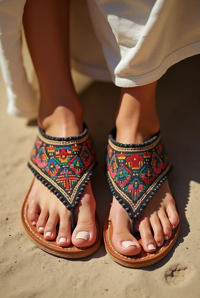 a high-resolution, close-up, cinematic photo of a pair of "Bohemian Bliss" espadrilles displayed on a rustic wooden table. Imagine the platform soles crafted from natural jute, offering a slight height boost. Vibrant woven fabric straps in emerald green, sapphire blue, lavender, and peach tones showcase a beautiful woven pattern. Delicate rows of colorful beads adorn the adjustable ankle straps, adding a touch of whimsy. Small gold buckles embellish the straps, highlighting the woven fabric and injecting a touch of luxury. Bathe the scene in the warm glow of a vibrant music festival with colorful tents, food stalls, and a bustling crowd blurred in the background. Emphasize realistic textures for the jute sole, woven fabric, beads, and metallic buckles for a truly captivating image.