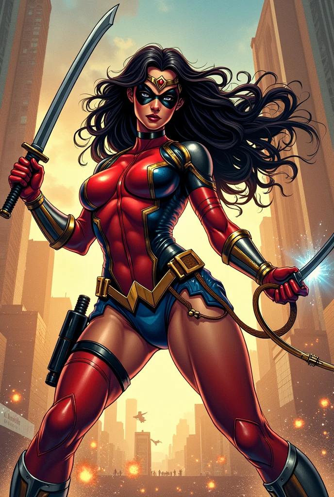 Create an image ,of a very attractive lady, with her flirtatious face, with a tight red suit with a mask, very similar to an Amazon from Greek mythology in comic form