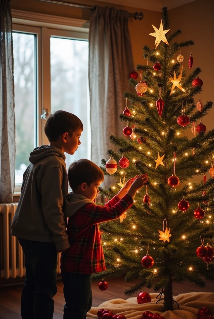 Ukrainian Christmas tree decorated with large spider toys and nets in the form of spider webs、A boy and a soldier kneel in their experience and pray for peace.、