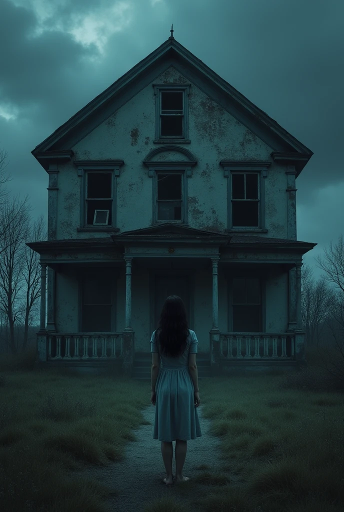 Scary house with a scary ghost girl sitting on chair in the outside
