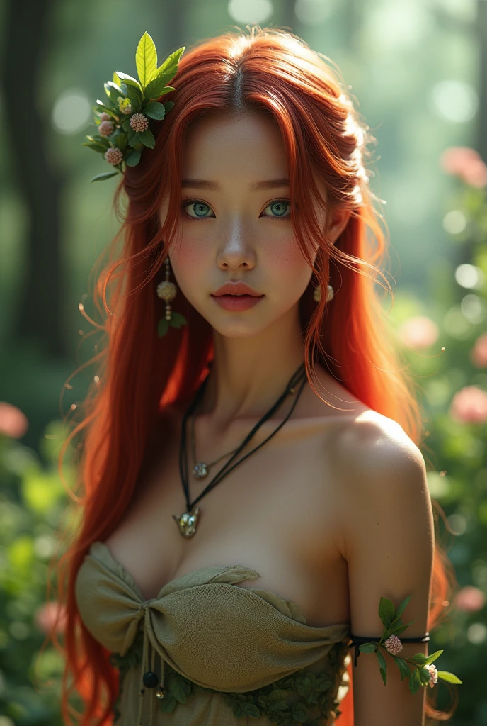 (masterpiece, sharp focus), ((closeup:1.5)), A elegant 25 years old redhead woman , floating hair, light smile, voloptuous body, forest background, volumetric light, elegant summer dress, focus face, light rain on sun light, red hair, Endsinger, light fog, flower crown