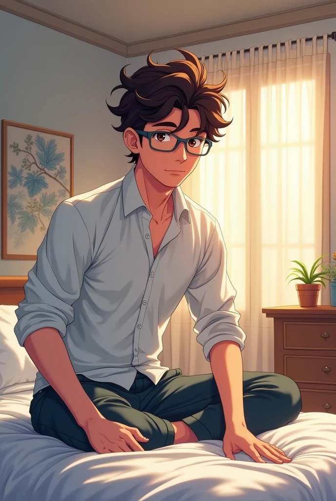 ((8K, masterpiece, high quality)), anime character, 1 man, young man, ((medium hair)), black hair, bangs between the eyes, Light blue eyes, pale skin, glasses, soft and passionate expression, sweet smile, very flushed cheeks, without shirts, naked chest, photo shoot, portrait, living room scenario, sitting on the sofa. (The living room has light, soft and harmonious color, like white, light green, light blue, pink), perfect shadow and light, natural, very perfect, very detailed , ((He's NOT muscular)), ((Make him look extremely in love, extremely flushed))