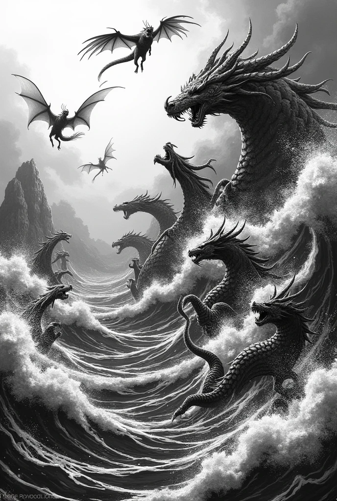 make a black and white WALLPAPER, AT SEA with MYTHOLOGICAL MARITIME BEINGS, and in the sky DRAGONS , and they're STRUGGLING, Japanese style