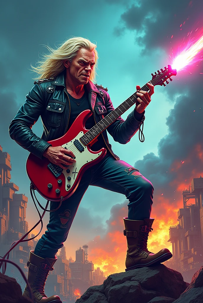 A detailed vectorized illustration of a mascot inspired by Iron Maiden's Eddie, designed in a futuristic heavy metal style. The mascot is depicted shooting into the air with a shotgun-shaped electric guitar. The scene is set against a dramatic post-apocalyptic background, with stormy skies and metallic debris. The electric guitar has glowing strings and emits vibrant neon energy beams. The mascot wears a leather jacket with metal spikes, combat boots, and a grim, determined expression. The art is highly detailed, with a focus on sharp, clean vector lines and vivid colors to emphasize the dynamic and energetic scene