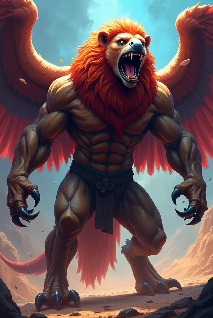 An eagle body warrior , lion head, powerful claws , powerful wings with a black fingernail on each wing, Lion's whale , a perfect mix . face vibrant colors.