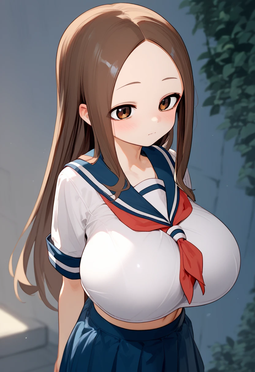 、takagi-san、score_9, score_8_up, score_7_up, 1girl, Alone, Takagi, brown hair, brown eyes, long hair,  white serafuku, blue stripes, blue skirt, red necktie、(huge breast)、saggy breasts
、 short stature 、 is short、(Loli Big )、ロリ、
{Highest quality}, {so beautiful}, {Very detailed}, {Best illustrations},Life、slim:1.5、Are standing、