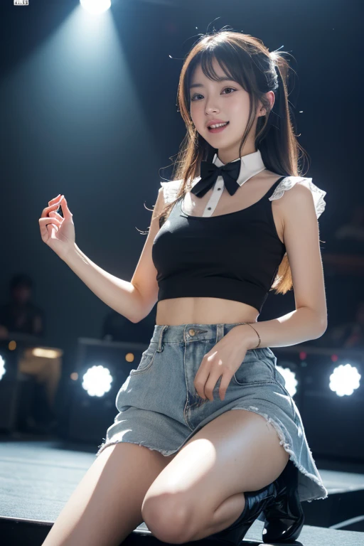 (((very detailed , 8k wallpaper, masterpiece, High resolution, highest quality))), ((Beautiful woman, Model-like posture, acrobatic pose,grunge fashion,wearing a colorful camisole:1.2,)),((skirt )), ((very detailed顔, very detailed black eyes, extra detailed body, highest qualityのリアルテクスチャスキン)), (Short Bob Cut Hair, white skin,), (stage),背景stageのある, surreal, digital paint,soft lighting