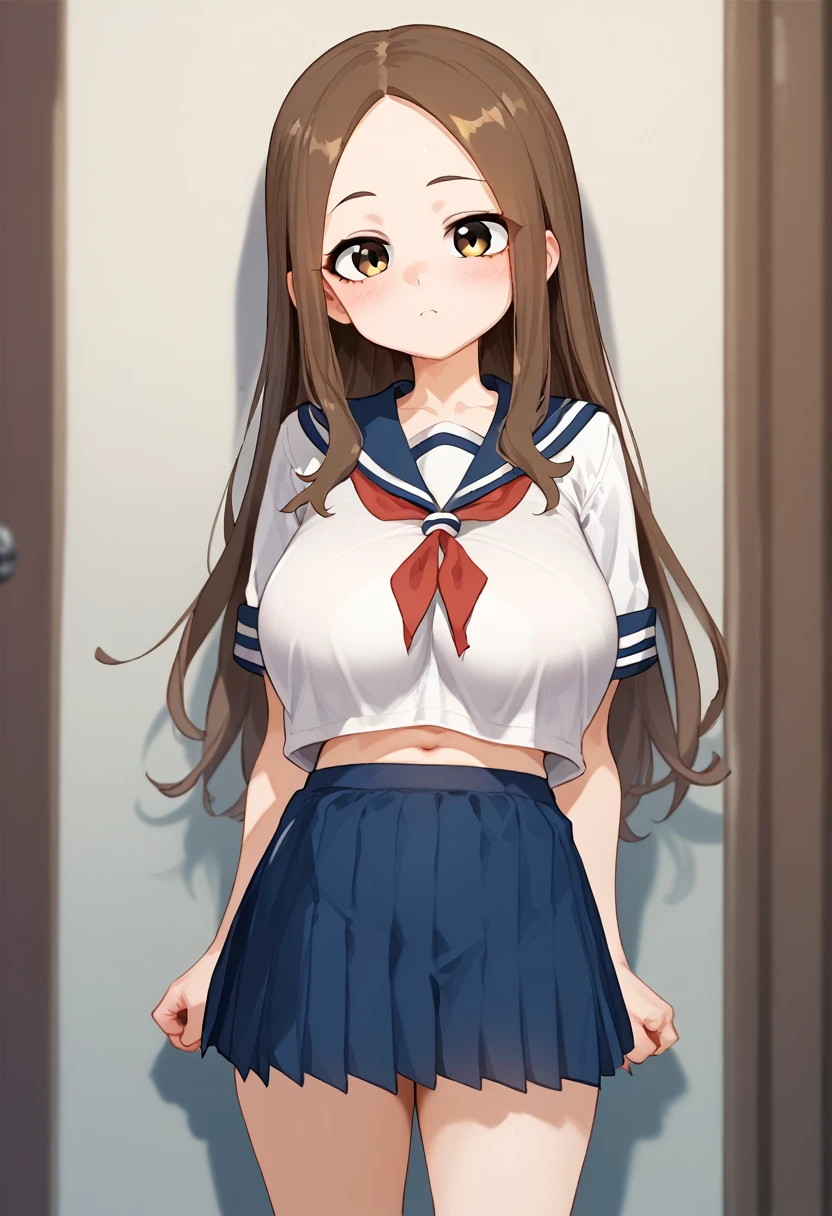 、takagi-san、score_9, score_8_up, score_7_up, 1girl, Alone, Takagi, brown hair, brown eyes, long hair,  white serafuku, blue stripes, blue skirt, red necktie、(huge breast)、saggy breasts
、 short stature 、 is short、(**** Big )、**、
{Highest quality}, {so beautiful}, {Very detailed}, {Best illustrations},Life、slim:1.5、Are standing、、横から