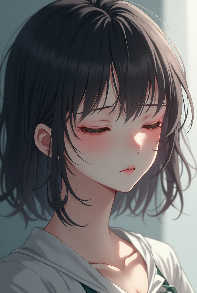 Placing hand on face, cinematic angle, (slim body:1.5), (small breasts:1.5), Realistic, real person, RAW photo, photorealistic, portrait photography, shiny skin, japanese idol, 前髪のある25歳の女性、long Sleeve white sweat shirt、(messy hair:1.3), (medium hair) and (brown hair) and (brown eyes), (crying:1.2)、背景はリビング、座っている、一人きり、jitome