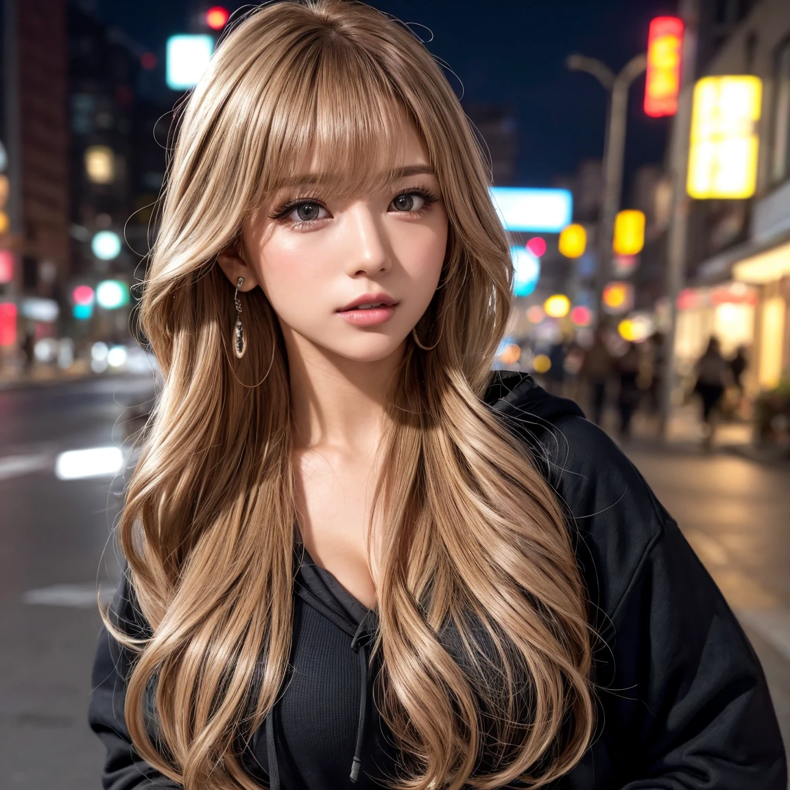 masterpiece, 8K, Award-winning photo, photoRealistic, Realistic, Very detailed, Ultra-high resolution, Ray Trakun, ///one person, (hooded sweatshirt), night, Blurred streetscape of Korea, The most beautiful, 20-year-old, (sexy, Japanese beauty), look at me and smile, (blown hair:1.2, Cool disheveled hair, Long Wavy Hair:1.05), ///Human details Shiny skin, Colored contact lenses、Perfect Makeup, lipstick, Highly saturated eyeshadow, Detailed skin, Beautifully detailed face, RAW Photos, (highest quality, detailed:1.3), highest quality, (Very detailed), Hyper detailed, (Delicate and detailed), (Complex details), (Cinematic Light, highest quality Backlights), Ultra-high resolutionの顔、Ultra-high resolutionの髪、Ultra-high resolution sparkling eyes, Ultra-high resolution glossy lips, Beautiful face drawn in every detail, Clear lines, From below, soloist, soft Light, Mysterious, soft, Honest impressions of girls, (whole body), Perfect body, Big Breasts, Earrings, (lower one's hands:1.2), (Show cleavage)