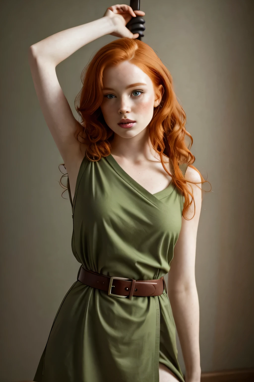 1girl in, 21, Madelaine Petsch, photo of perfect woman, 5'3", Solo, Aesthetic artwork, (irish  redhead, wavy ginger hair, shoulder length ginger hair:1.25), (some small freckles, pale skin, small breasts, B-cup, runners body, very thin waist, skinny, petite, detailed skin texture), (blank background, plain background, blank wall, (wearing an Green tunic, brown belt, Sword hanging from the belt, Shield on back, link cosplay, legend of Zelda), (extremely detailed 8k wallpaper), soft lighting, high quality, film grain, Fujifilm XT3 sharp focus, f 5.6, 50mm, High Detail, Sharp focus,(natural light), crazy details, complex details, hyper detailed