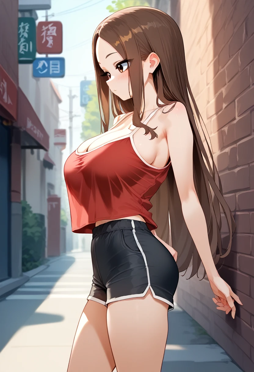 、takagi-san、score_9, score_8_up, score_7_up, 1girl, Alone, Takagi, brown hair, brown eyes, long hair,  camisole 、 shorts、(huge breast)
、 short stature 、 is short、(Loli Big )、
{Highest quality}, {so beautiful}, {Very detailed}, {Best illustrations},Life、slim:1.5、Are standing、From the side、