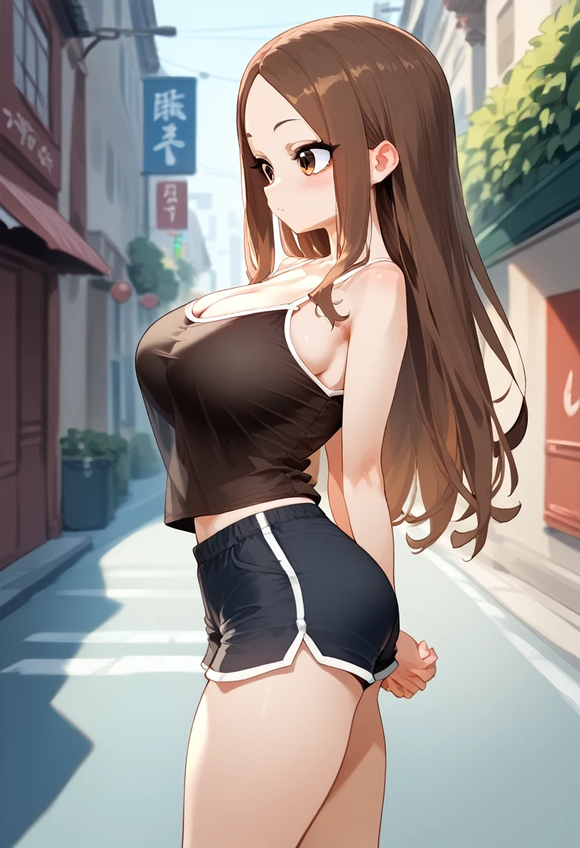 、takagi-san、score_9, score_8_up, score_7_up, 1girl, Alone, Takagi, brown hair, brown eyes, long hair,  camisole 、 shorts、(huge breast)
、 short stature 、 is short、(**** Big )、
{Highest quality}, {so beautiful}, {Very detailed}, {Best illustrations},Life、slim:1.5、Are standing、From the side、