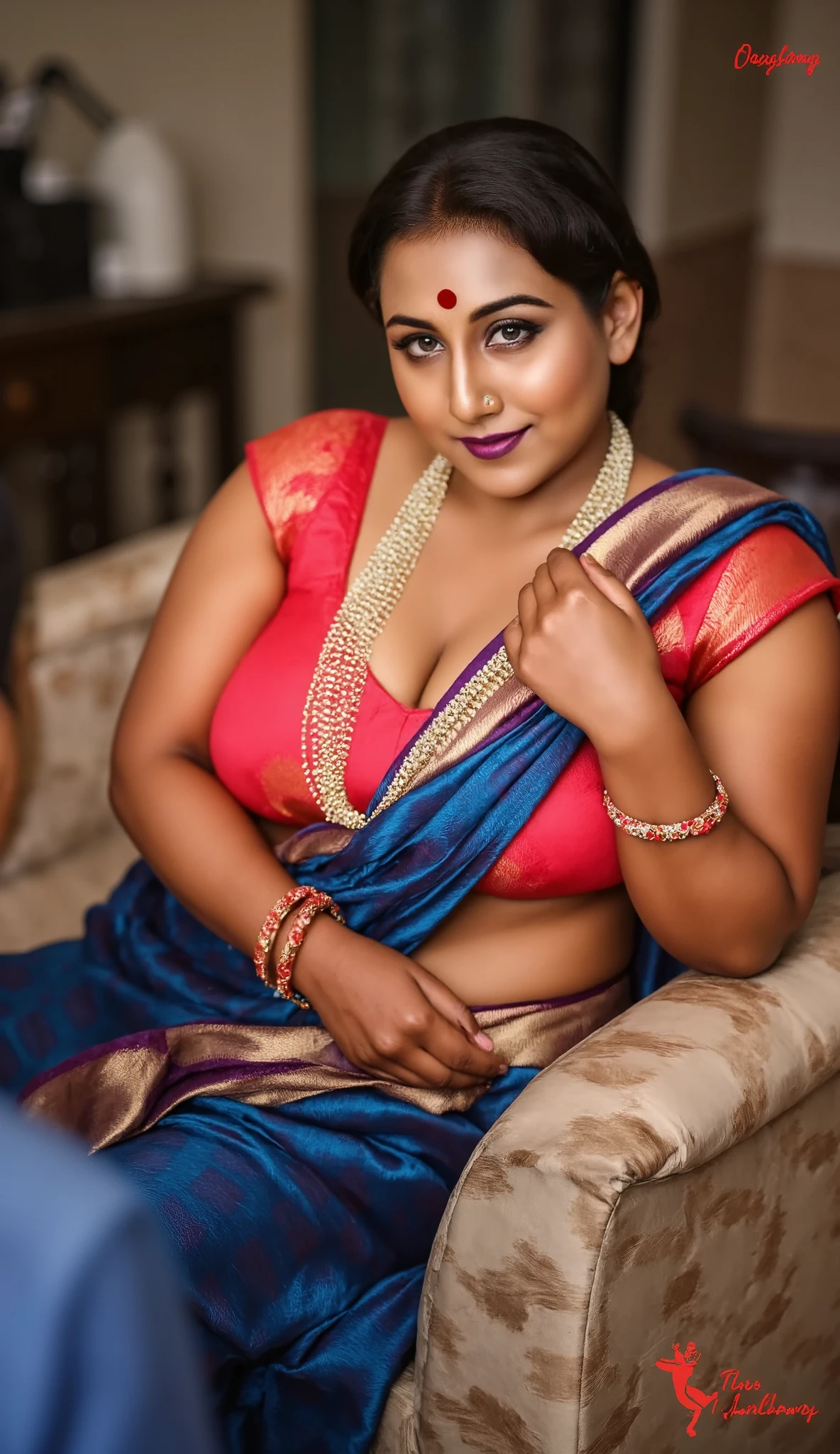 In the living room, 1maid, 1boy and  1maid, a young South Asian woman with warm brown skin and expressive features, her face framed by loose strands from a neatly tied-back bun, adding a gentle softness to her look. Her eyes are accentuated with dark kajal, giving her gaze a lively, attentive quality, while her lips are naturally tinted, enhancing her warm, inviting complexion. She wears a blue and beige saree adorned with delicate, ethnic patterns that lend a rustic charm, draped in a classic style with the pallu over her shoulder and slightly loose around her waist, subtly highlighting her curvy, full-figured physique. Her fitted red blouse, with short sleeves, accentuates her bust and arms, maintaining an appealing yet modest look.

The boy sits across from her, fully entranced, his eyes slightly unfocused under her hypnosis. Kamwali’s posture is upright and confident as she sits on the sofa, her movements poised and relaxed. As she watches him, her gaze is both calm and commanding, her voice low and rhythmic, leading him deeper into a trance. “You’re completely relaxed, aren’t you?” she says softly, her tone both inviting and reassuring, creating an unspoken bond of trust.

The boy nods slightly, caught under her spell, his breathing slow and steady. Kamwali’s saree shifts with her every move, occasionally revealing a subtle glimpse of her midriff, adding a hint of charm to her grounded and composed demeanor. She watches him closely, her presence a blend of traditional elegance and modern confidence, the scene filled with an atmosphere of quiet control and unspoken tension, 