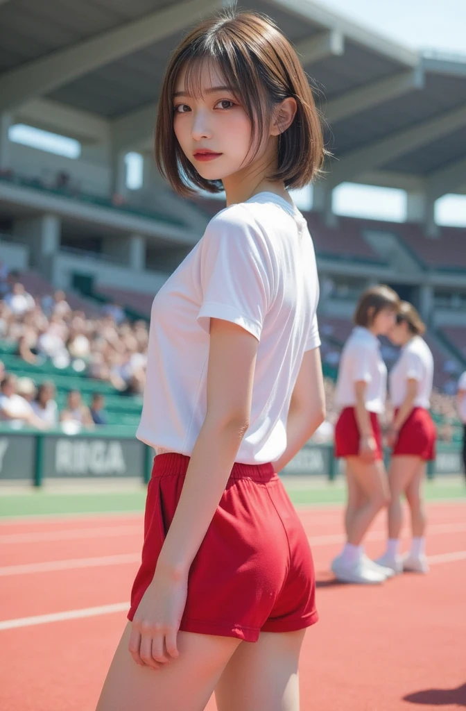 Perfect composition, Proper placement, Golden Ratio, masterpiece,  best quality,  high definition ,  one Japanese woman,  Beautiful Japanese Woman , standing:1.331,  Wearing a Japanese High School Sailor Suit:1.331,  Anatomically Correct Ratio :1.331,  has a small head :1.331, Slender body:1.331,  thin waist:1.331, Thin limbs:1.331,  flat chest:1.331, Brown Hair,  short hair,  hair that flutters like, Summer daytime, Light and Shadow, Movie Lighting, 