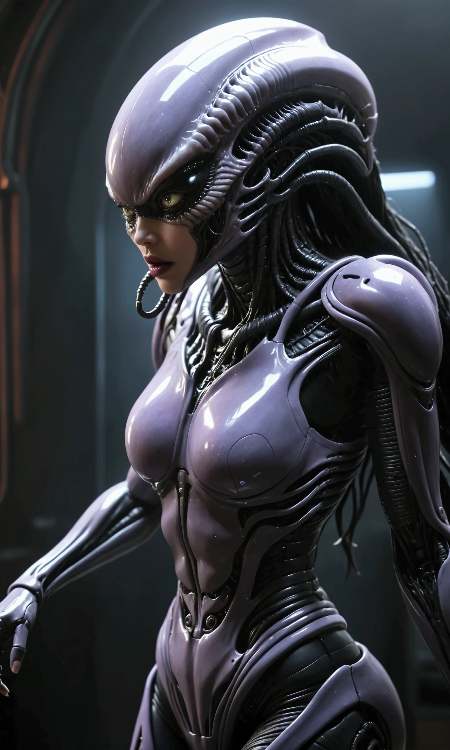 a voluptuous alien xenomorph queen, beautiful detailed eyes, beautiful detailed lips, extremely detailed face, long eyelashes, seductive dance, age 20, amazing butt, inner jaws extend from her mouth, light violet exoskeleton with biomechanisms, (best quality, 4k, 8k, highres, masterpiece:1.2), ultra-detailed, (realistic, photorealistic, photo-realistic:1.37), concept art, dark sci-fi, cinematic lighting, dramatic shadows, dynamic pose, chiaroscuro, moody atmosphere