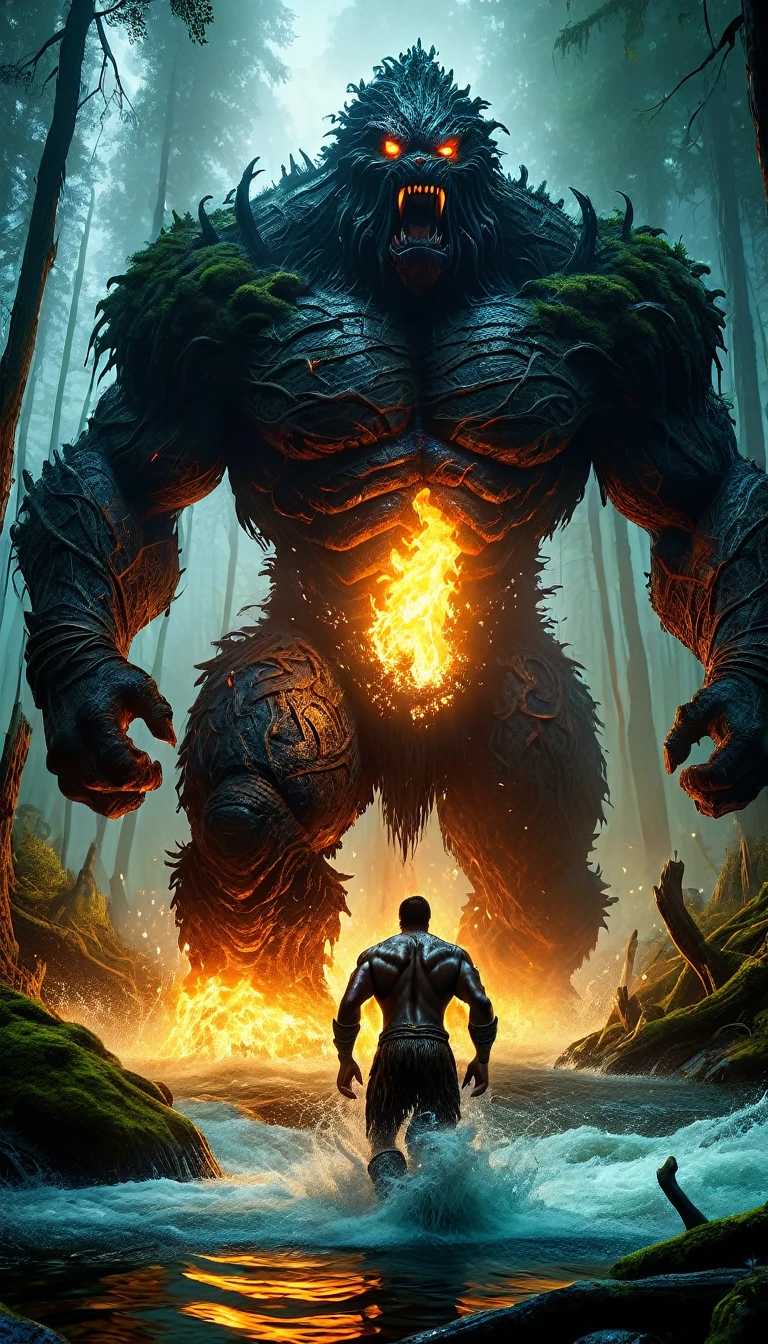 a massive fire golemn versus a massive water golem, a burning forest, people running away in fear, animals fleeing, dramatic lighting, cinematic composition, extremely detailed, 8k, photorealistic, studio lighting, vivid colors, volumetric lighting, epic fantasy, dark fantasy, dramatic atmosphere, dynamic action, high contrast, cinematic angles, heroic scale, intricate details