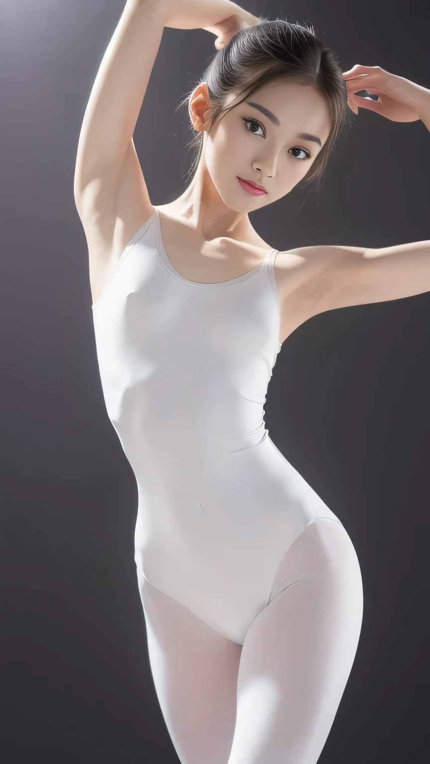 ((Dancing))、((Spread your fingers and show your palm))、The lights are shining、Armpits、(((Lean, slender body)))、black long Hair、(((fair skin)))、Are standing、(((White of the eyes))) 、(((Wearing a white leotard)))、 ((Best Quality, 8k, masterpiece :1.3)), Full body、sexy girl with perfect figure :1.4, Slender Abs :1.1、Ultra-detailed face and skin