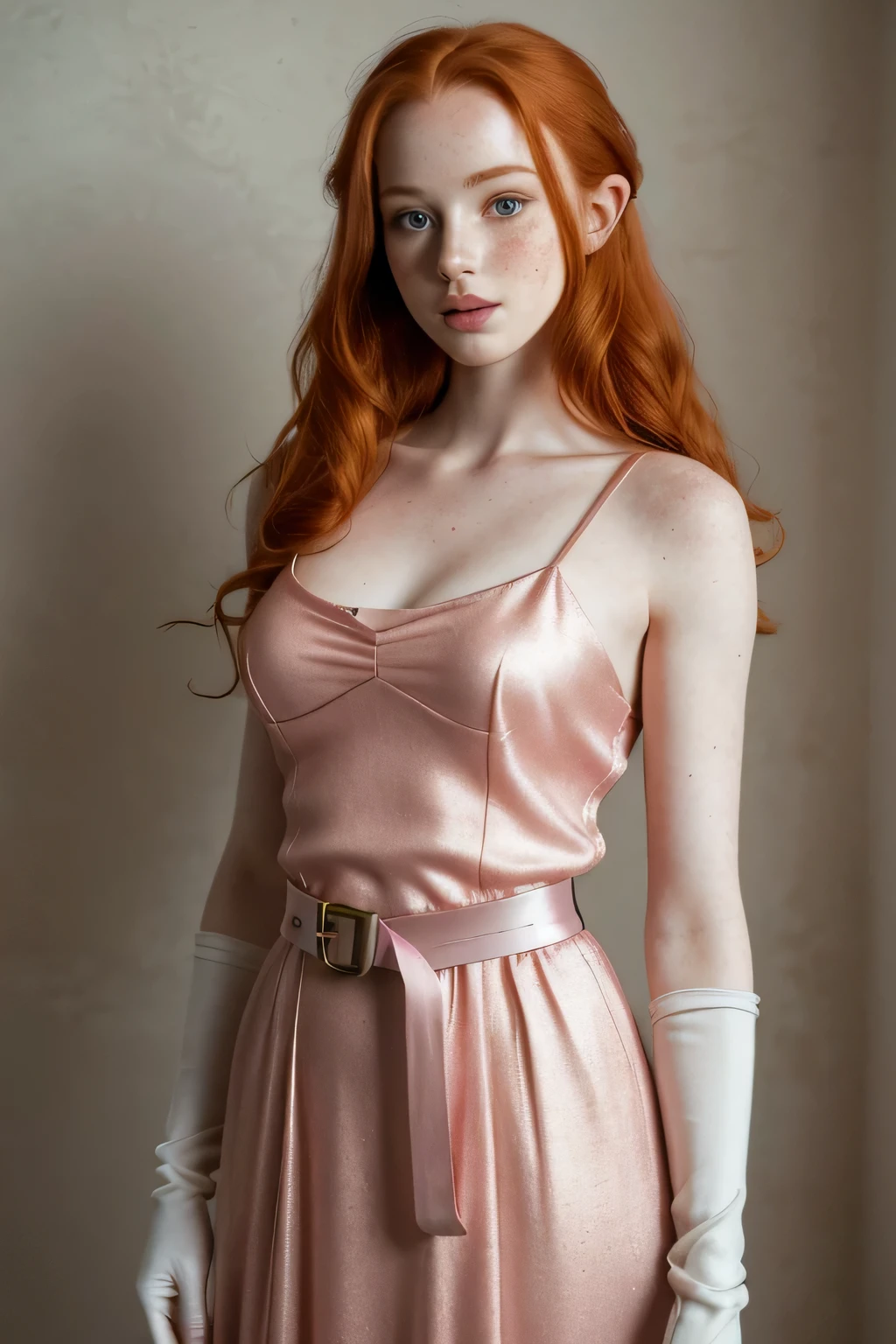 1girl in, age21, Madelaine Petsch, photo of perfect woman, 5'3", Solo, Aesthetic artwork, (irish  redhead, wavy ginger hair, shoulder length ginger hair:1.25), (some small freckles, pale skin, small breasts, B-cup, runners body, very thin waist, skinny, petite, detailed skin texture), (blank background, plain background, blank wall, (wearing an Pink gown, long silk gloves, injure kit metal belt, princess Zelda, Zelda cosplay), (extremely detailed 8k wallpaper), soft lighting, high quality, film grain, Fujifilm XT3 sharp focus, f 5.6, 50mm, High Detail, Sharp focus,(natural light), crazy details, complex details, hyper detailed