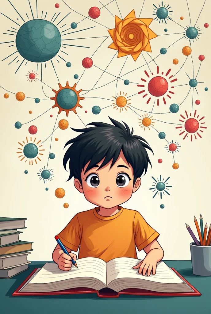 Boy sitting on a school chair with his head down and hands crossed looking at his notebook, The notebook is filled with numbers and letters, blurred and in disarray., But in the child's mind there are many colorful drawings the rest of the scene is gray