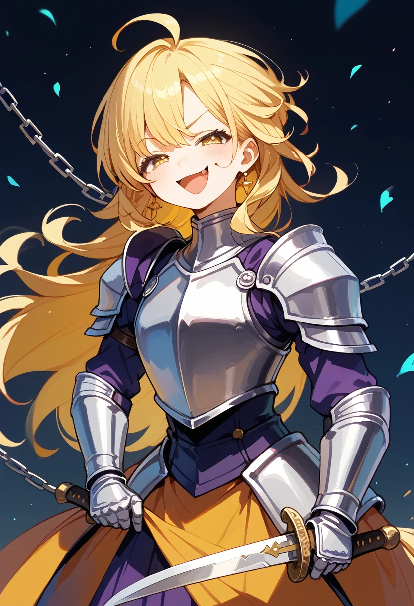 ride a horse, Full Plate Armor, Chain sickle, hujita_kotone ,\(idol_m@ster\),wholebody,smug face, knight ,cute_adult_girl,(((smug face,cute_girl,yellow_hair))),very satisfied, fighting aroused ,happy face,ecstasy smug face