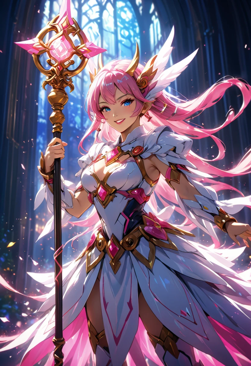 masterpiece,best quality,1girl,solo,smiling,magical_girl,white and pink costume,long magic staff,magical energy,dynamic pose,colorful magic effects,glowing,dramatic lighting,vivid colors,vibrant colors,detailed face,beautiful eyes,beautiful lips,luminous skin,fantasy,digital painting,intricate details,cinematic composition,highly detailed character,ethereal,mysterious,intricate details,ethereal atmosphere,dramatic lighting,cinematic composition,