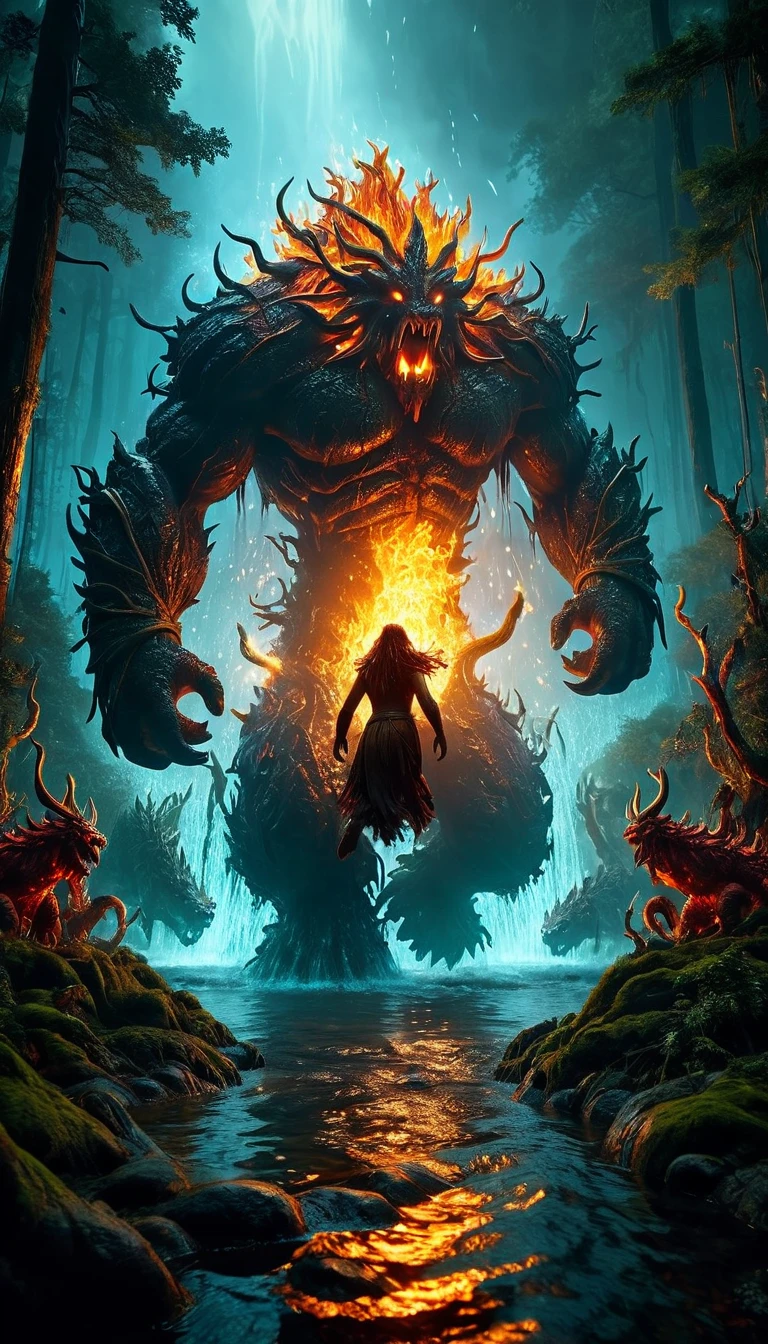 a massive fire golemn versus a massive water golem, a burning forest, people running away in fear, animals fleeing, dramatic lighting, cinematic composition, extremely detailed, 8k, photorealistic, studio lighting, vivid colors, volumetric lighting, epic fantasy, dark fantasy, dramatic atmosphere, dynamic action, high contrast, cinematic angles, heroic scale, intricate details